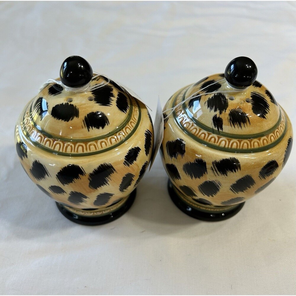 Safari Leopard Salt And Pepper Shaker Set Tropical Orange Black Ceramic 4x3”